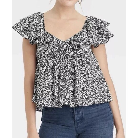 Universal Thread Tops - Womens Floral Ruffle Blouse XS Black White Smocked Peplum Top NWT- Universal Thr